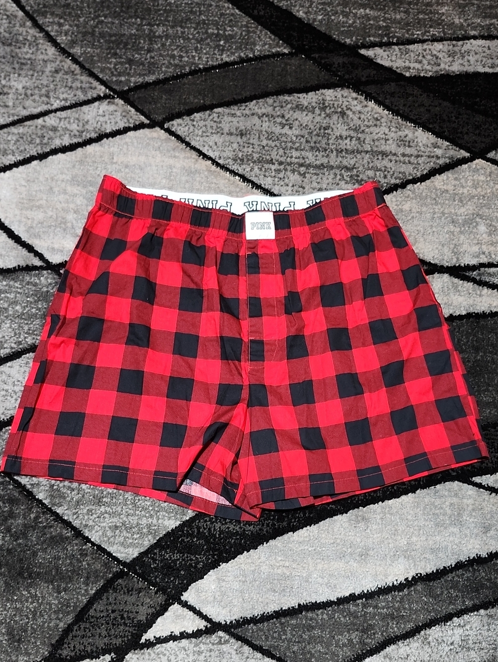 VS PINK 2023 RED BUFFALO PLAID PATCH FOLD-OVER COTTON HIGH-RISE SHORTS